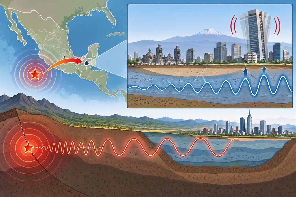 Mexico City, where the 1985 Michoacan earthquake — roughly 400 kilometers away — caused devastating damage because the city's ancient lakebed sediments amplified long-period motion that happened to match many buildings' natural periods.