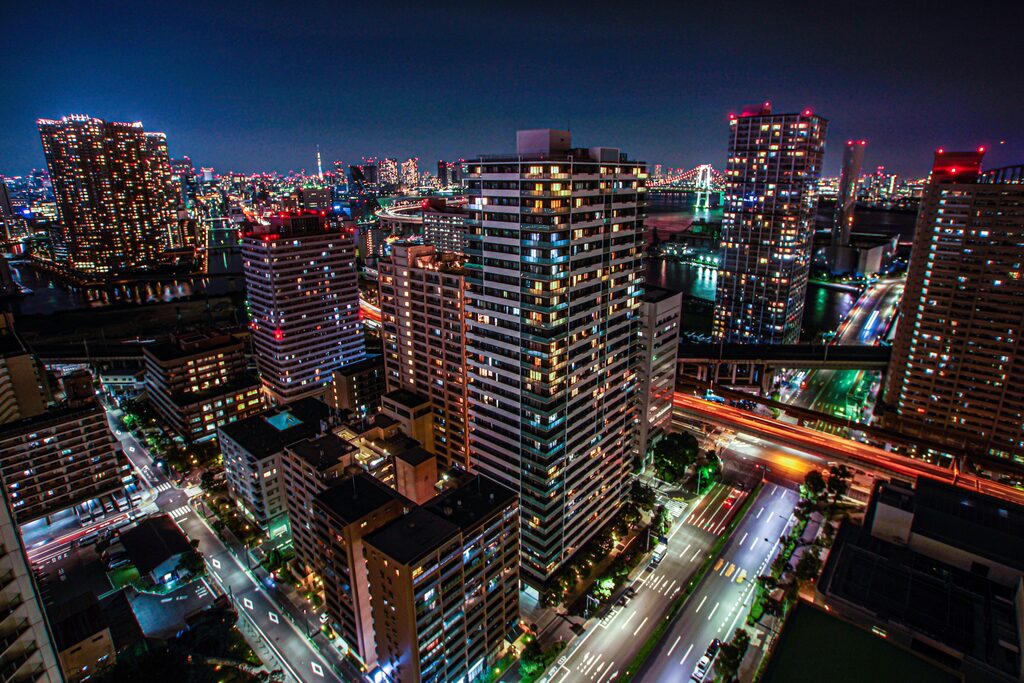Large Japanese metropolitan areas such as Tokyo, Nagoya, and Osaka are located on broad plains and contain many high-rise buildings.