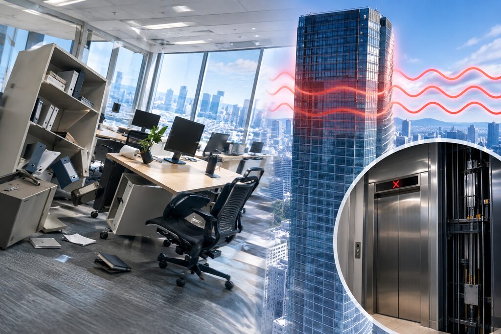 Strong long-period ground motion may cause furniture and fixtures in high-rise buildings to shift or topple, potentially affecting elevator operations.