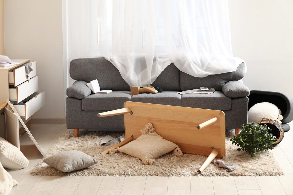After the shaking stops, check for fire hazards and exits, and move to a safe place while watching your step.